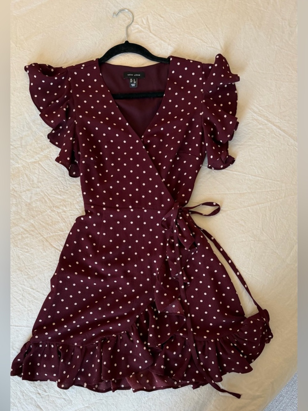 New Look Burgundy Polka Dot Wrap Mini Dress
